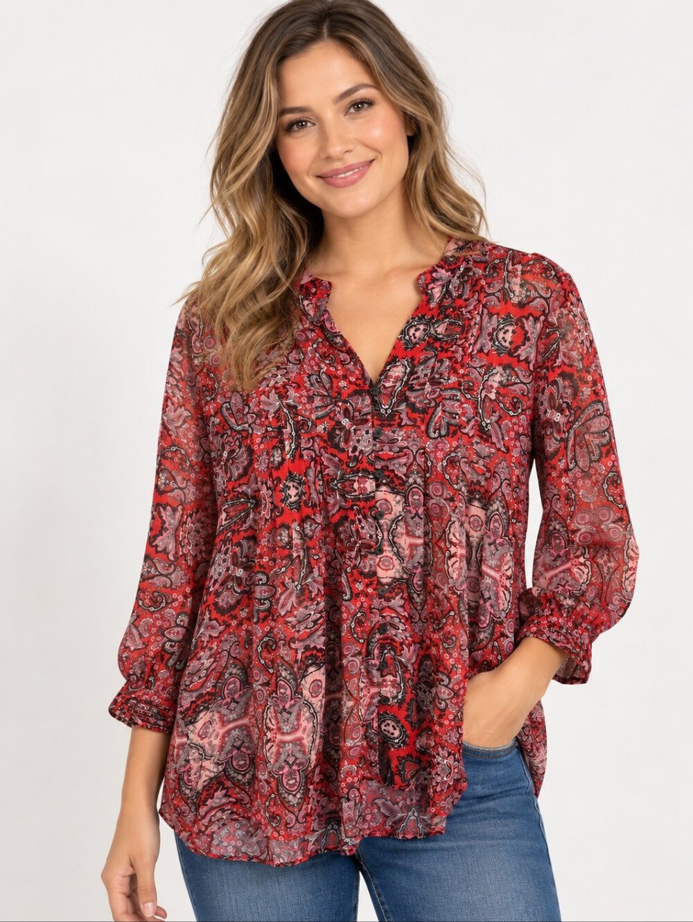 JACOB Paisley Tunic Blouse Women’s Small Red Pink Sheer Button Front